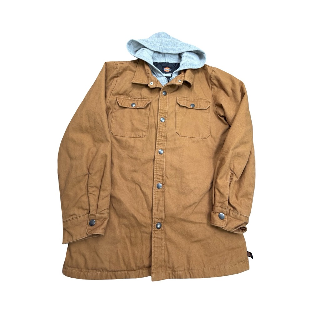 Dickies Hooded Jacket Boys Large 14/16 Brown Canvas Quilted Lined Workwear